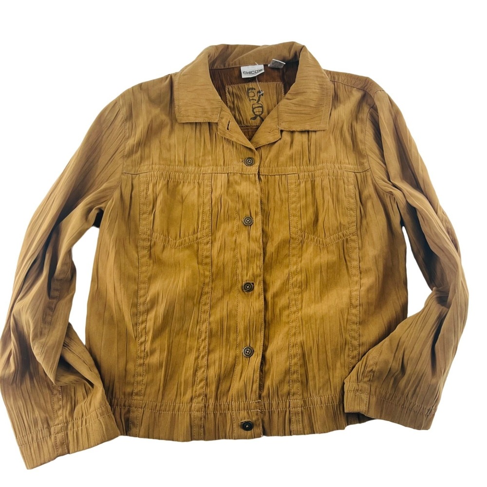 Chico's size 2 Large Women's Button Down Lightweight Collar Jacket Gold Tan